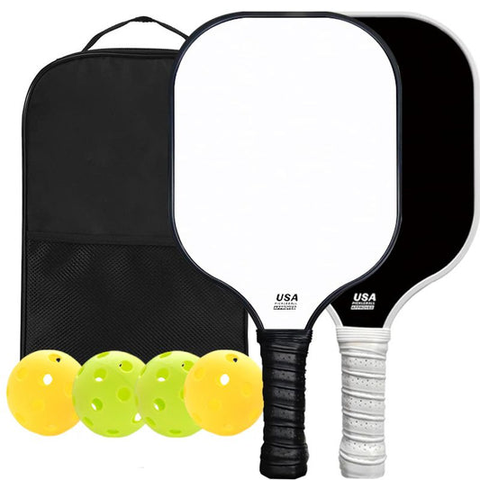 Black and White Fiberglass Pickleball Paddle Set - 2 Minimalist Paddles, 4 Balls, and Carry Bag for Outdoor Play